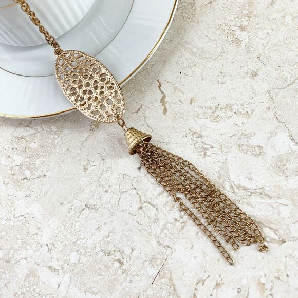 India Mandala Long Necklace Bell Tassel Filigree Gold Color - Picture 3 of 5